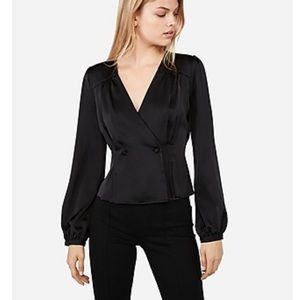 Express x Negin Mirsalehi Black Wrap Balloon Sleeve Silky Blouse Top